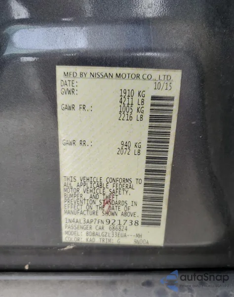 2015 Nissan Altima 2.5 from USA, damaged, VIN 1N4AL3AP7FN921738